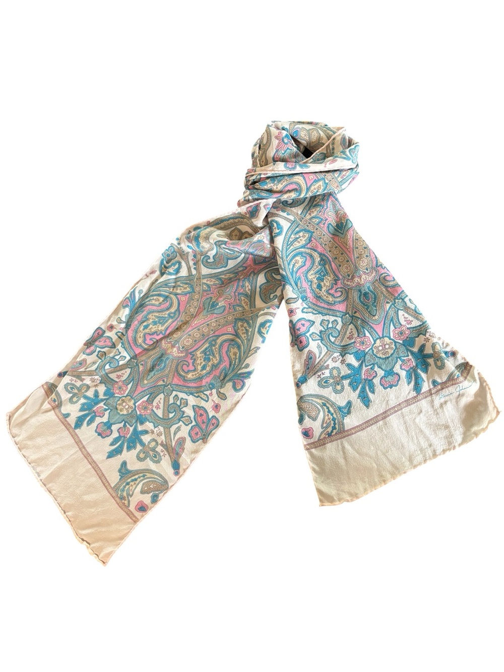 Ginnie Johansen 100% Silk Pink Blue Paisley Print Oblong Scarf 54” Made In Italy
